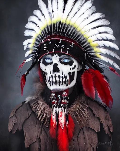 Image similar to the ghost - spirit of the grim - warpaint wears the scarlet skull armor and native blood headdress feathers, midnight fog - mist!, dark oil painting colors, realism, cinematic lighting, various refining methods, micro macro autofocus, ultra definition, award winning photo