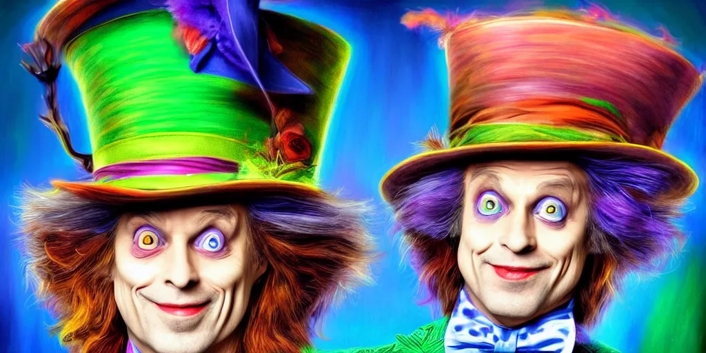 Image similar to The Mad Hatter portrait, Alice in wonderland, colorful, wide angle, super highly detailed, professional digital painting, artstation, concept art, smooth, sharp focus, no blur, no dof, extreme illustration, Unreal Engine 5, Photorealism, HD quality, 8k resolution, cinema 4d, 3D, beautiful, cinematic, art by artgerm and greg rutkowski and alphonse mucha and loish and WLOP