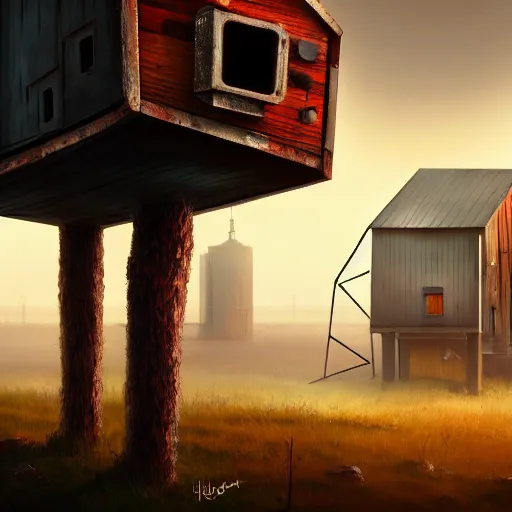 Prompt: a walking wood and metal house with two mechanical legs and two glowing eyes, rust, hyperrealistic, pareidolia, highly detailed, cinematic, single ray of sun, morning, fog, city in background, beautiful, cgssociety, artstation, 8 k, oil painting, digital art