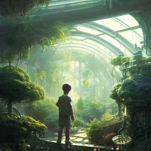 Image similar to , boy with grandma in scifi green house, spaceship, plants, stephen bliss, misty, unreal engine, pixar, fantasy art by greg rutkowski, loish, ferdinand knab, and lois van rossdraws, global illumination, radiant light, minimalist, detailed and intricate environment