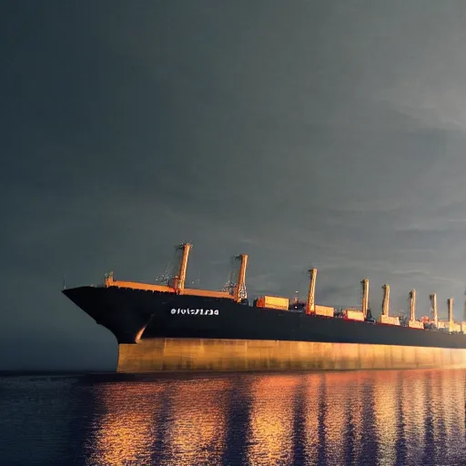 Image similar to photo of immense gigantic industrial futuristic cargo ship arrives at futuristic city sea port, dark cinematic lighting