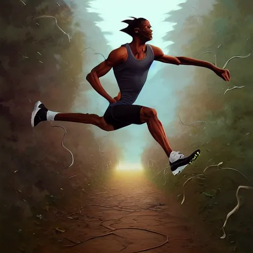 Image similar to cinematic painting of qwop!!!!!!!!!!!!!!!!! running down the trackby alvaro castagnet, peter mohrbacher and dan mumford, kinetic, motion, athletic, running