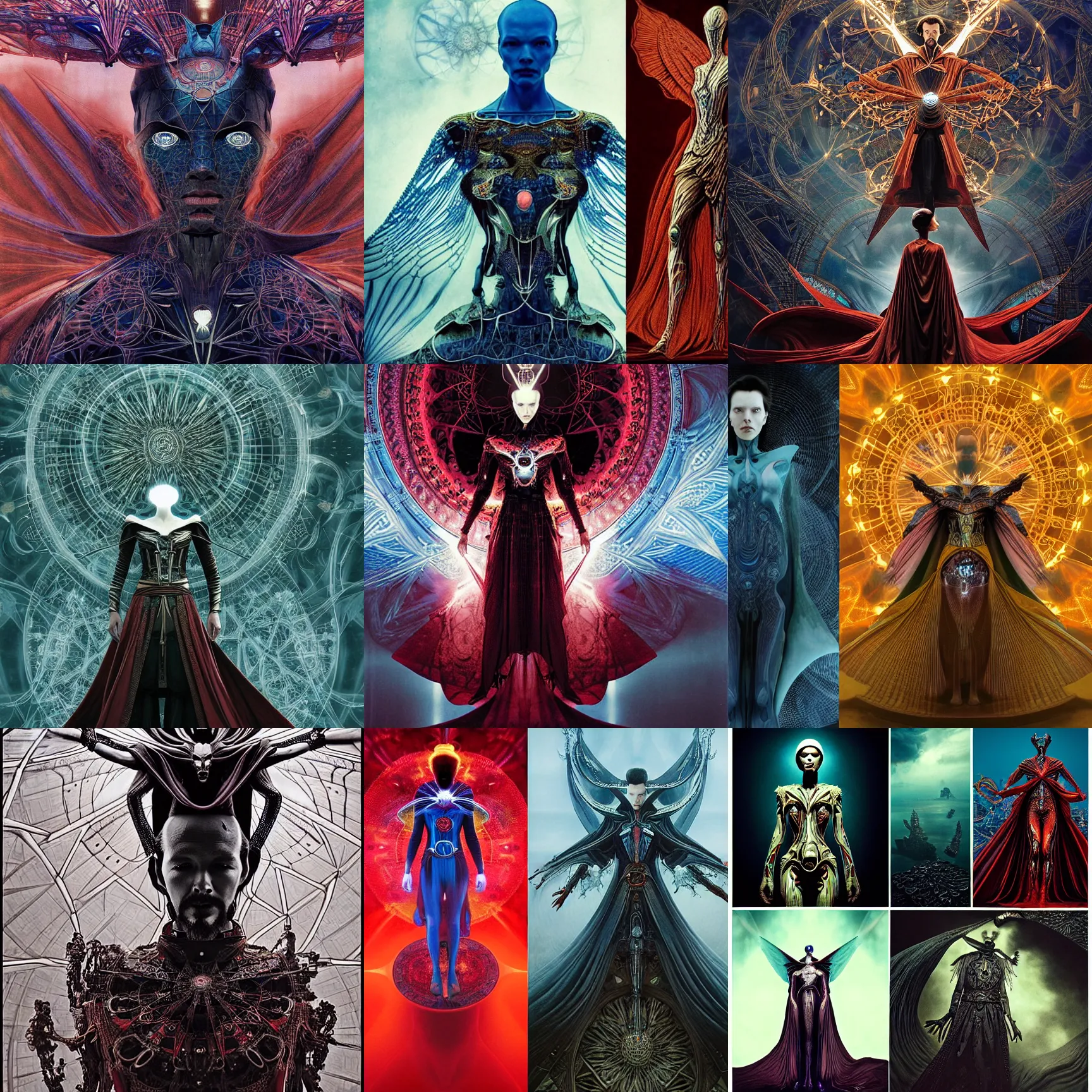 Prompt: symmetric frame from Doctor Strange by beksinski, angel mecha cyborg goddess, by Iris van Herpen and alexander mcqueen metal couture editorial, eldritch epic monumental flying attack by beksinski by Yuko Shimizu