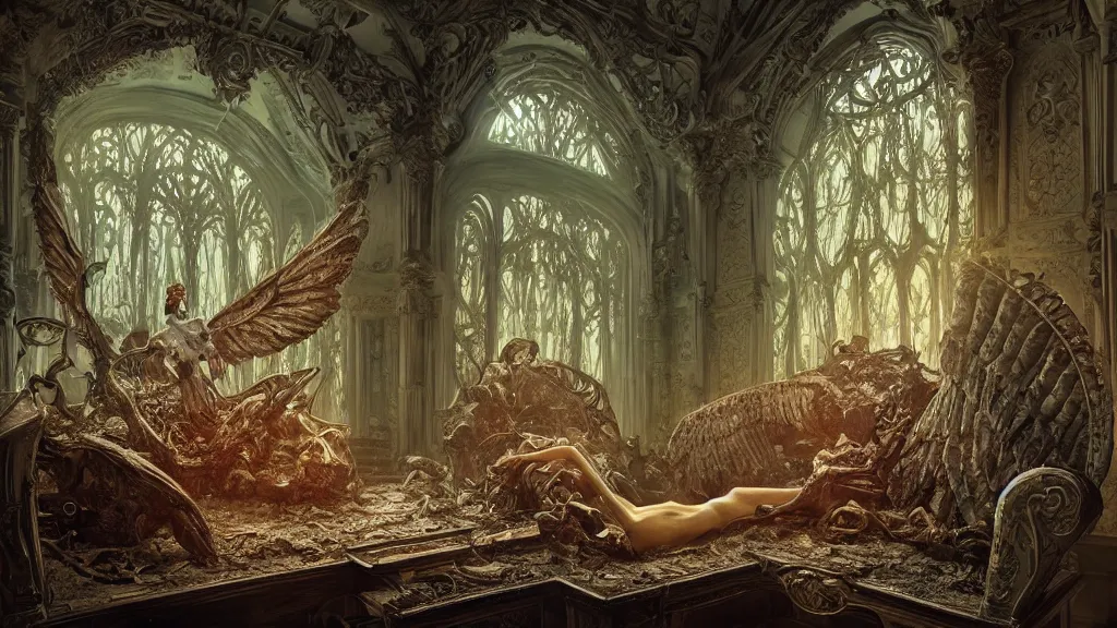 Image similar to inside of angel anatomy sitting on an ornate victorian couch made out of decomposing animals, intricate, detailed, volumetric lighting, sharp focus, photorealism, digital painting, highly detailed, concept art, by roger dean and simon stalenhag and mark brooks