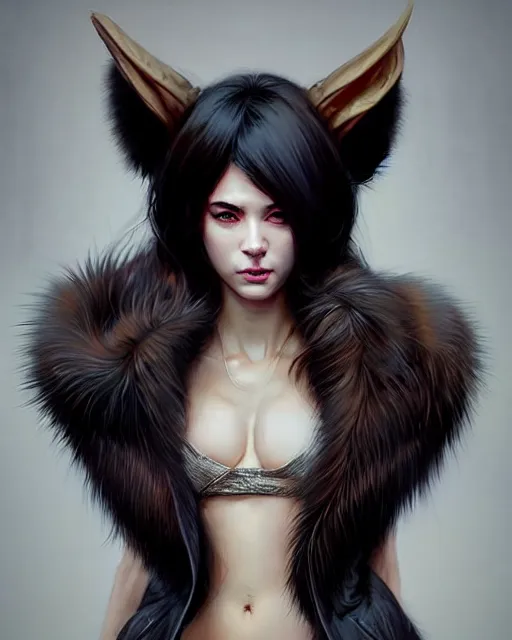 Image similar to fur - lined dragonhide jacket!!! beautiful and elegant female!! gorgeous ayes!! character concept art, sharp focus, illustration, artgerm!! greg rutkowski! wlop!! ilya kuvshinov!! marc brunet!! octane render! unreal engine 5! highly rendered!! trending on artstation!! cgi vfx!