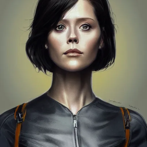 Prompt: a woman who looks like a mixture between Elizabeth Olsen, Mary Elizabeth Winstead and young Sigourney Weaver, black bob hair, wearing beige and black utilitarian jumpsuit, scifi, highly detailed portrait, digital painting, artstation, concept art, smooth, sharp focus, illustration, ArtStation HQ