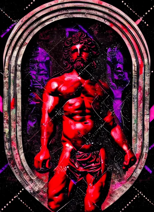 Image similar to black background with subtle red and purple design elements, statue of hercules, nekro, graphic design, collage art, thin lines, dark, glitch art, neo vaporwave, gritty, layout frame, square, trending on artstation