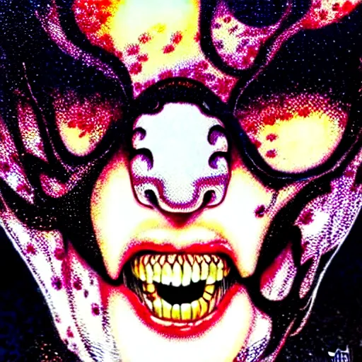 Image similar to closeup of face melting and tongues, by yoichi hatakenaka, masamune shirow, josan gonzales and dan mumford, ayami kojima, takato yamamoto, karol bak