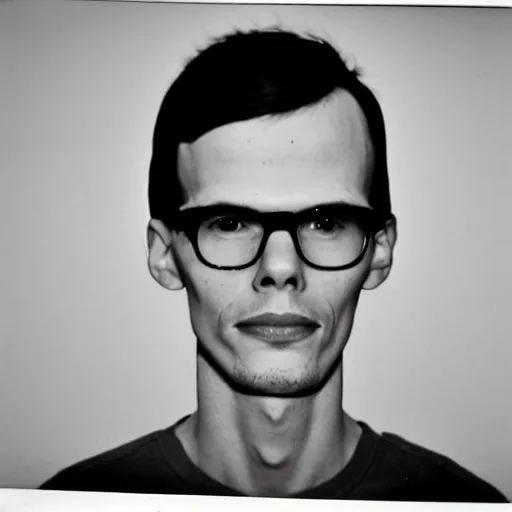 Image similar to Mugshot Portrait of iDubbbz taken in the 1970s, photo taken on a 1970s polaroid camera, grainy, real life, hyperrealistic, ultra realistic, realistic, highly detailed, epic, HD quality, 8k resolution, body and headshot, film still, front facing, front view, headshot and bodyshot, detailed face, very detailed face