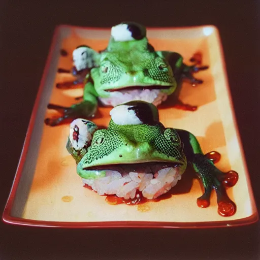 Prompt: frog head sushi,, professional studio photography, cinestill, 800t, 35mm, full-HD