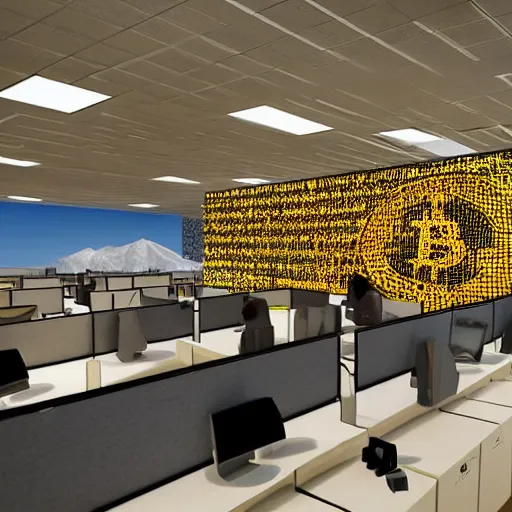 Image similar to a mountain made out of computer screens in a crowded office with cubicles, the computer screens have bitcoin logos, unreal engine 5, harsh contrast lighting