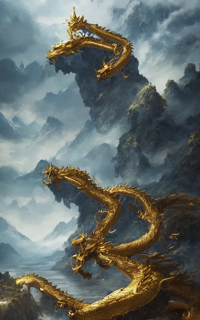 Prompt: high mountains and flowing water, stunning golden chinese dragon hovering, majestic and shocking scenes, thunder, magnificent fantasy scenes, the light of tyndall, james gurney, greg rutkowski, unreal engine, art station