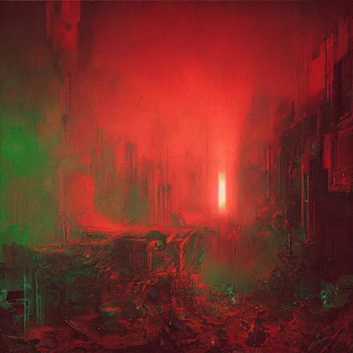 Image similar to blind endless disappointment of crying souls in crack of humanity dissolution, red and green palette, volume light, fog, by ( h. r. giger ) and paul lehr