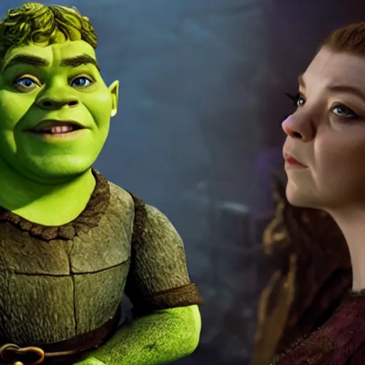 Prompt: Natalie Dormer as Shrek, studio lighting, set in fiery Mount Mordor