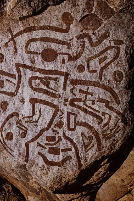 Image similar to 4 k photography of petroglyphs representing crosses, ufo, wifi symbol on a cave