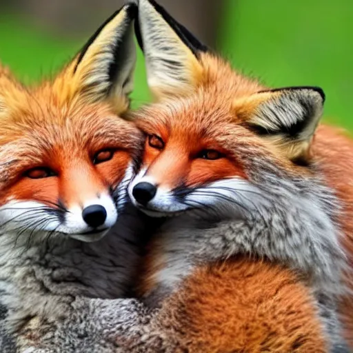 Image similar to Two foxes cuddling together. They are in love.