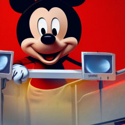 Image similar to netflix workers necropsy on mickey mouse head on sound stage by beeple, 8 k resolution, ultra realistic