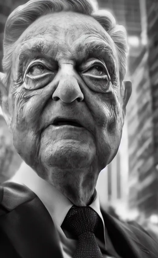 Image similar to Portrait of George Soros, splash art, movie still, cinematic lighting, dramatic, octane render, long lens, shallow depth of field, bokeh, anamorphic lens flare, 8k, hyper detailed, 35mm film grain