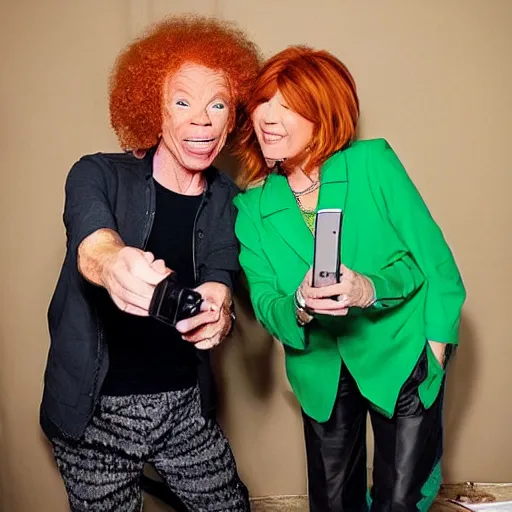 Image similar to Carrot Top and Martha Stewart are twins, selfie, shot on iphone, 10k likes on Twitter, having fun, high fidelity image