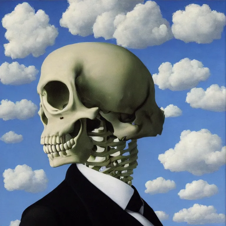 Image similar to portrait of a skeleton in a suit, clouds in the background, by rene magritte, detailed painting, distance, middle centered, hd, hq, high resolution, high detail, 4 k, 8 k