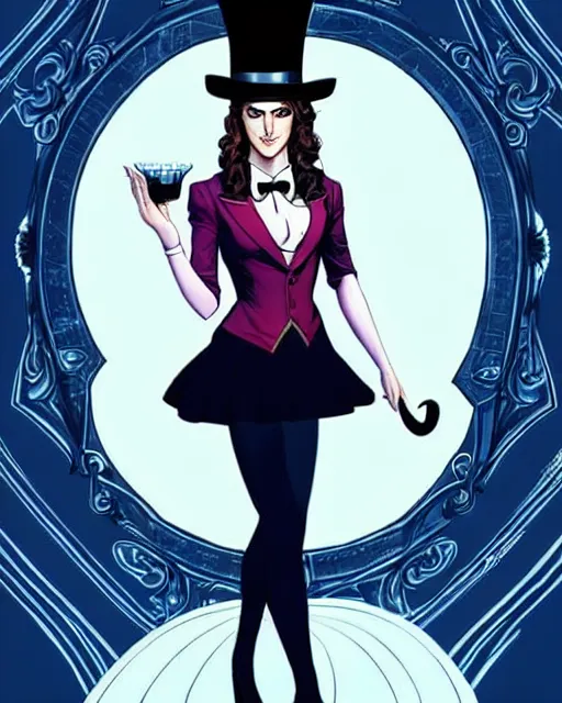 Image similar to beautiful Anna Kendrick Zatanna DC Comics floating on stage, wearing a top hat, symmetrical face symmetrical eyes, smiling, fantasy, intricate details, atmospheric, elegant, concept art, art by eiichiro oda, Joshua Middleton art