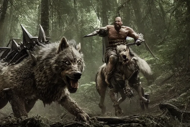 Image similar to vfx movie closeup detailed ancient armored warrior orc hunting riding large wolf in the forest, natural lighting by emmanuel lubezki