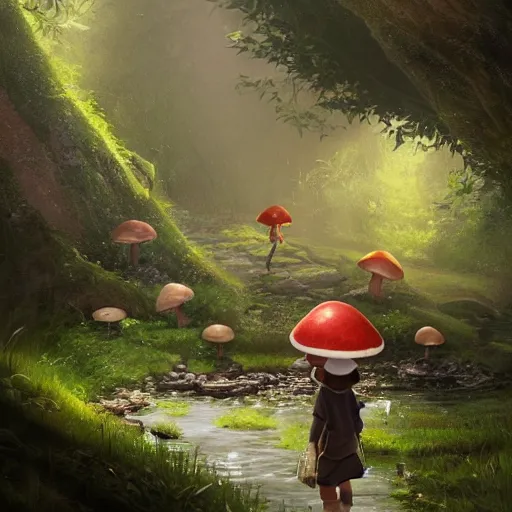 Prompt: a tiny mushroom person with a mushroom for a head walking by a stream in a lush forest. dramatic lighting cgsociety masterpiece, artstation trending, by rossdraws, ghibli, Kimi no Na wa, greg rutkowski, 4k, digital art, concept art, trending on artstation