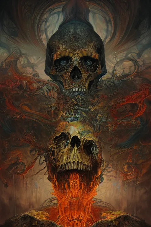 Prompt: gigantic psychedelic demonic skull lord of death and fire, fantasy painting, ultra realistic, wide angle, art nouveau, intricate details, rainbowshift, vivid colors, highly detailed by peter mohrbacher, h. r. giger, maxfield parrish, gustave dore, craig mullins, octane render, cgi