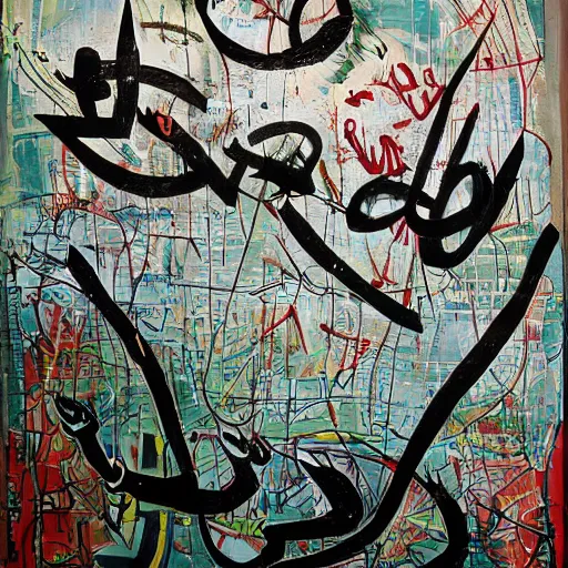 Prompt: arabic calligraphy, transylvanian folk art, in the style of graffiti, made by jean michel basquiat