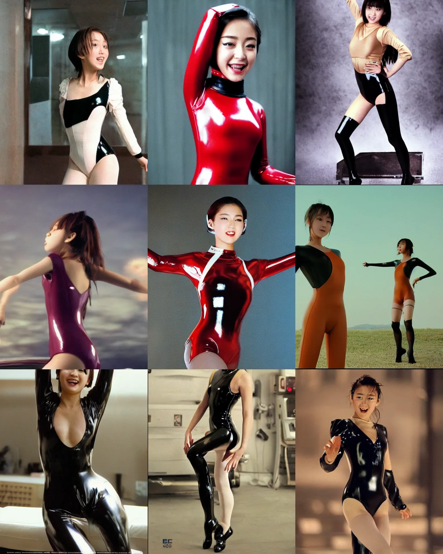 Prompt: Worksafe,clothed.1990s,unbelievably beautiful,perfect,dynamic,epic,cinematic movie shot of a close-up beautiful cute young J-Pop idol actress girl in latex leotard,expressing joy.By a Iranian movie director.Motion,VFX,Inspirational arthouse,high budget,hollywood style,at Behance,at Netflix,Instagram filters,Photoshop,Adobe Lightroom,Adobe After Effects,taken with polaroid kodak portra