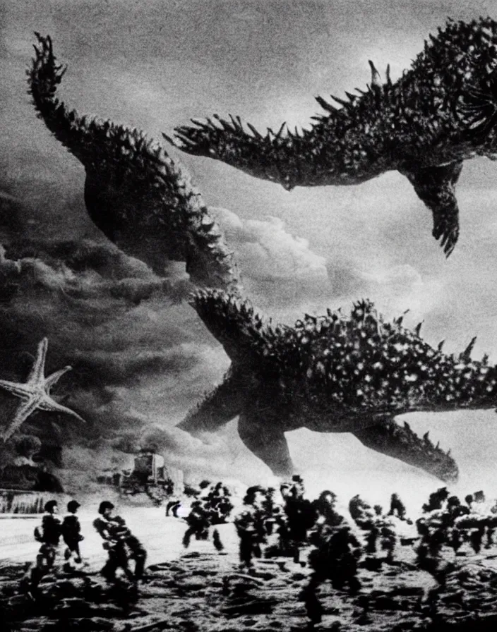 Prompt: a filmstill of a north korean monster movie, kaiju - eiga monster with starfish - arms trampling a traditional korean palace, foggy, film noir, epic battle, etheral, explosions, communist propaganda, communist epic thriller produced by kim jong - il, cinematography by akira kurosawa and tim burton, video compression