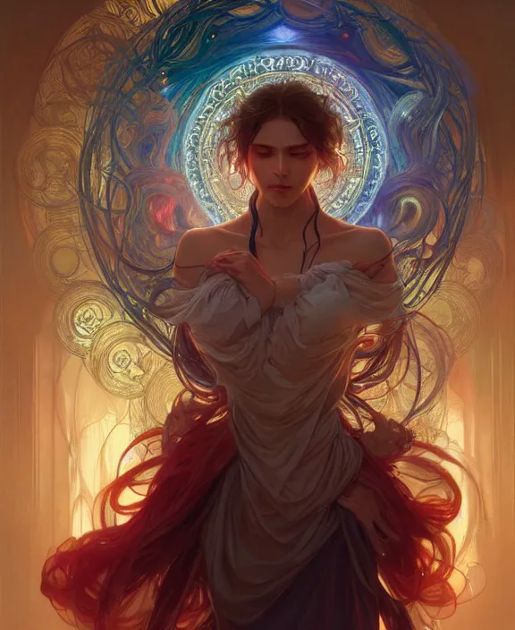 Image similar to a whirlwind of souls ushing inside the metaverse, half body, glowin eyes, d d, fantasy, intricate, elegant, highly detailed, colorful, vivid color, digital painting, artstation, concept art, art by artgerm and greg rutkowski and alphonse mucha and ruan jia