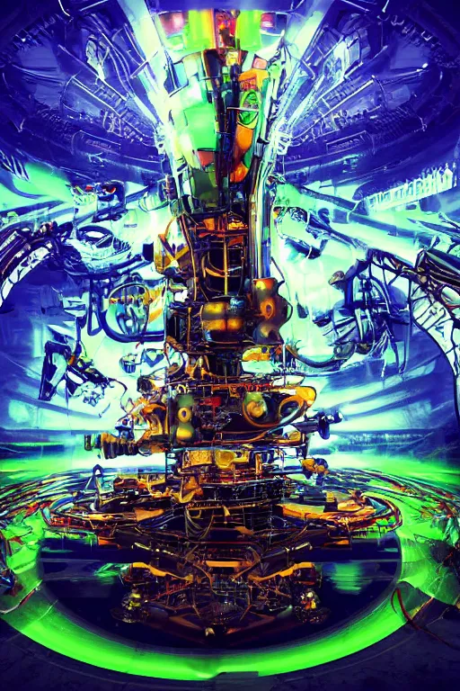 Image similar to a band shirt, tshirt, bandname is tripmachine, tourname is invasion of the tripmachines, realistic digital art, 3 d render of a huge futuristic steampunk generator, 8 k, fluorescent colors, halluzinogenic, multicolored, exaggerated detailed, unreal engine