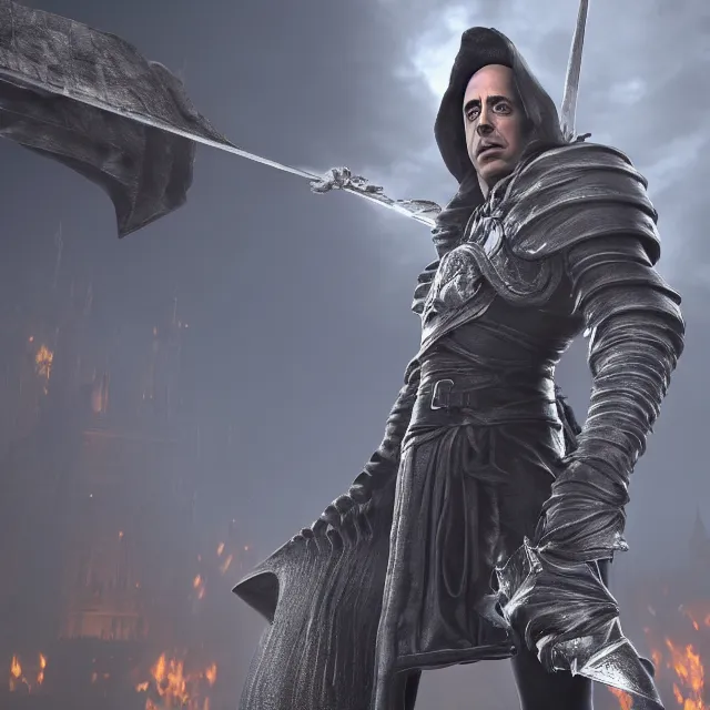 Image similar to jerry seinfeld reimagined as a boss in dark souls, dark cinematic, volumetric, realistic, cinematic lighting, ray tracing, unreal engine 5, unreal engine render, octane render, hyper realistic, photo, 8 k