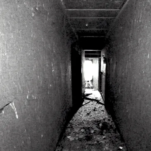 Image similar to hi - 8 night vision camera found - footage of a barely visible, human bipedal minotaur, shrouded in darkness at the end of an extremely dark, unlit hallway in a basement of an abandoned house