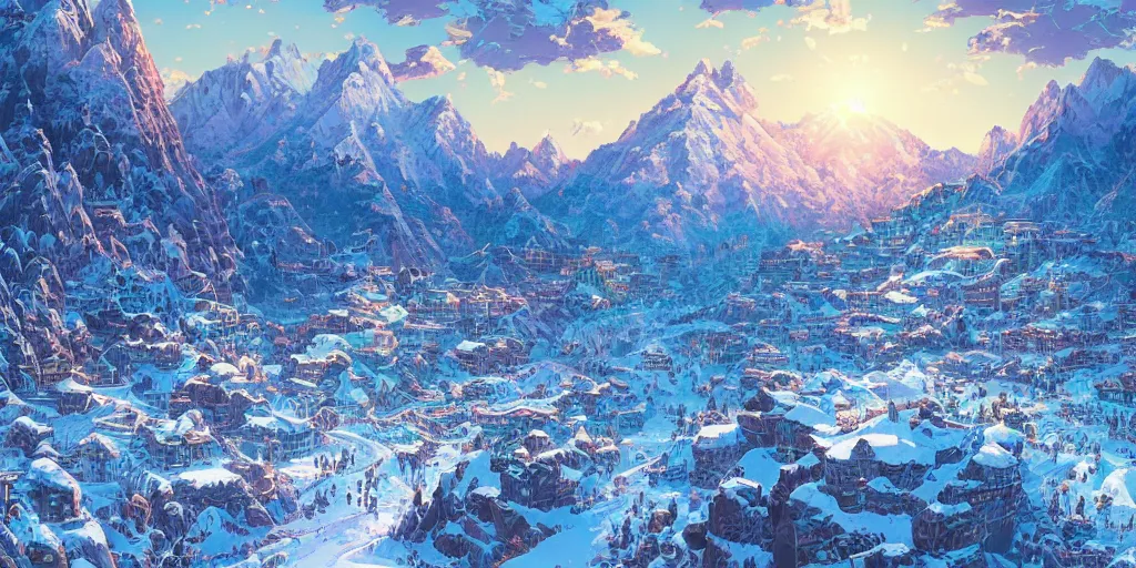 Image similar to the aesthetic view of the beautiful, grand, wistful, dreamy snowcapped mountain at dusk, hyperrealistic anime illustration by iralki nadar, colorful, extremely detailed, intricate linework, super sharp focus, bright colors, octopath traveler, studio ghibli, unreal engine 5 highly rendered, global illumination, radiant light, detailed and intricate environment