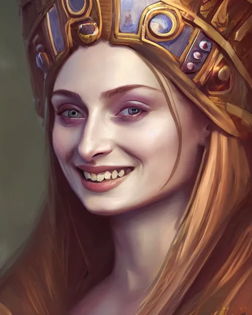 Prompt: a stunning portrait of sophie turner as an ancient greek priestess, smiling, closeup, digital art, by ross tran, by angel ganev, highly detailed, trending on artstationhq