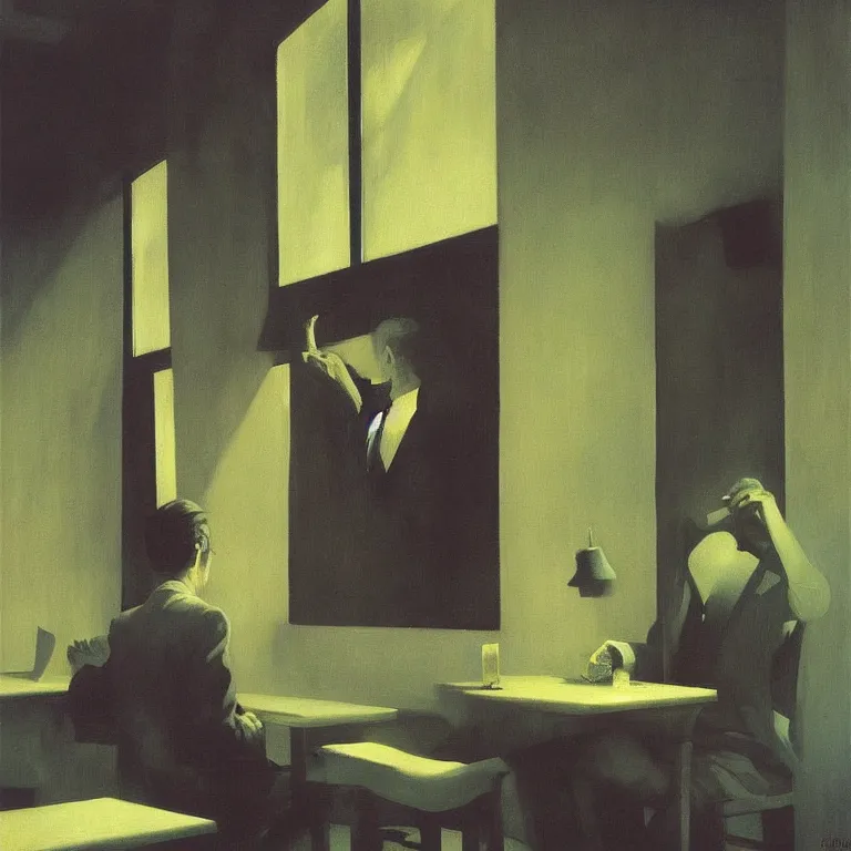 Image similar to i know who I am at the jazz club, Edward Hopper and James Gilleard, Zdzislaw Beksinski, Steven Outram highly detailed