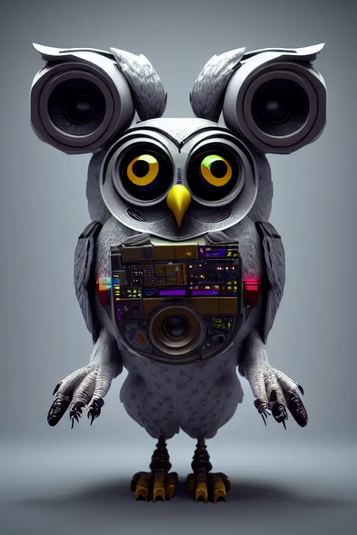 Prompt: high quality 3 d render very cute cyborg owl! with boombox!, cyberpunk highly detailed, unreal engine cinematic smooth, in the style of blade runner & detective pikachu, hannah yata charlie immer, moody light, low angle, uhd 8 k, sharp focus