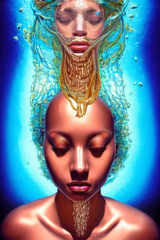 Image similar to hyperrealistic futurist whole body cinematic very expressive! translucent oshun goddess underwater scene, gold jewerly, highly detailed face, digital art masterpiece, smooth eric zener cam de leon, dramatic pearlescent turquoise light on one side, low angle uhd 8 k, shallow depth of field