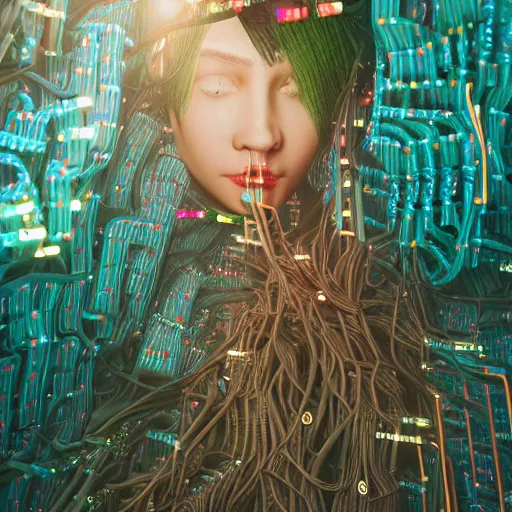 Image similar to piles of modular synth cables mixed with mangrove roots, kawaii puerto rican goddess staring through your soul wearing a headpiece made of circuit boards, by makoto shinkai, masamune, and stanley kubrick, unique perspective, eastman color, trending on artstation, cinematic, 3 d render, photorealistic