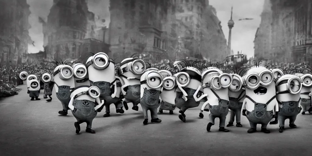 Image similar to minions from despicable me winning world war 2 and parading through berlin, hyper realistic, award winning photo, award winning, sharp focus, black and white