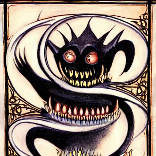 Image similar to dark cat god detailed illuminated manuscript teeth fangs tails