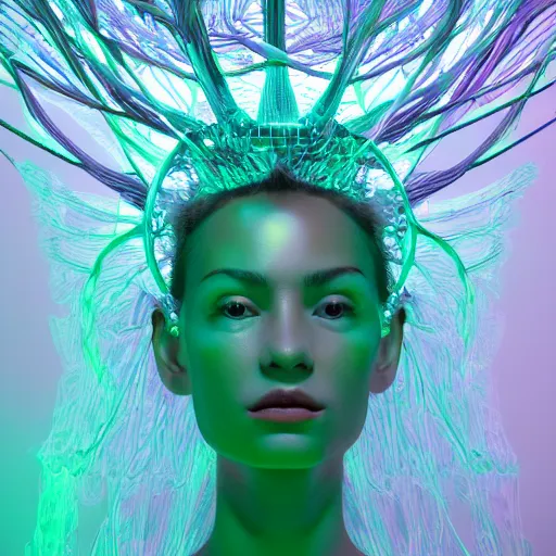 Prompt: tapping in to something greater, piles of modular synth cables, goddess portrait wearing a big headpiece in a mystical glowing forest in the style of wlop, stanley kubrick, masamune, unique perspective, eastman color, perfect details, trending on artstation, 3 d render, smooth render, green and blue palette, wlop