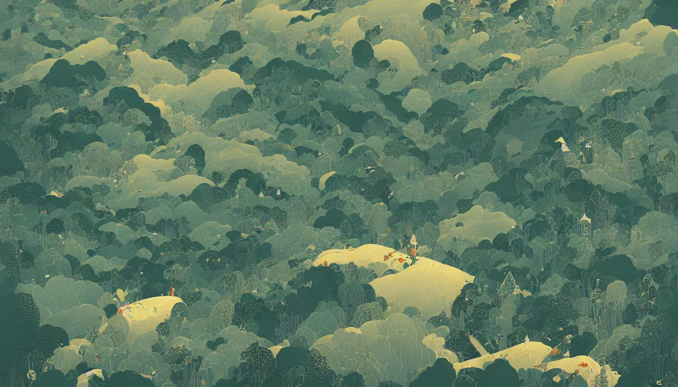 Prompt: Darjeeling by Victo Ngai, minimalist, detailed, land in sight, kilian eng, josan gonzalez