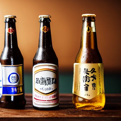 Prompt: close up isometric photo of three open bottles of premium japanese beer on a table, no bottle caps, one glass of beer on a table, dim light, depth of field, anamorphic lens, hyper realistic, super detailed, bokeh, 8 k, dslr photography