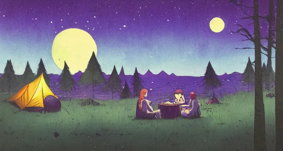 Prompt: camping by the lake in a forest, landscape by kelly mckernan and studio ghibli, night, moonlight, red, yellow, purple and blue tones, pastel colors