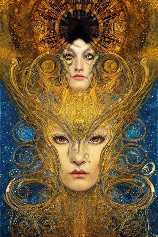 Image similar to Divine Chaos Engine by Karol Bak, Jean Deville, Gustav Klimt, and Vincent Van Gogh, beautiful visionary mystical portrait, sacred, otherworldly, fractal structures, ornate gilded medieval icon, third eye, spirals