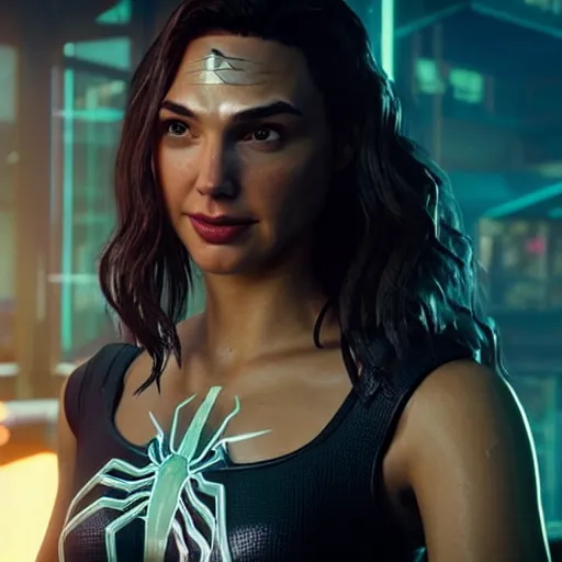 Prompt: a film portrait still of gal gadot as spider - man from cyberpunk 2 0 7 7 unreal engine. realism, cinematic lighting, highly detailed spider - man, 4 k. 8 mm. grainy. panavision.