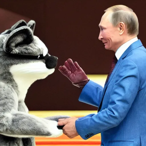 Image similar to Vladimir Putin swearing fealty to a council of furries